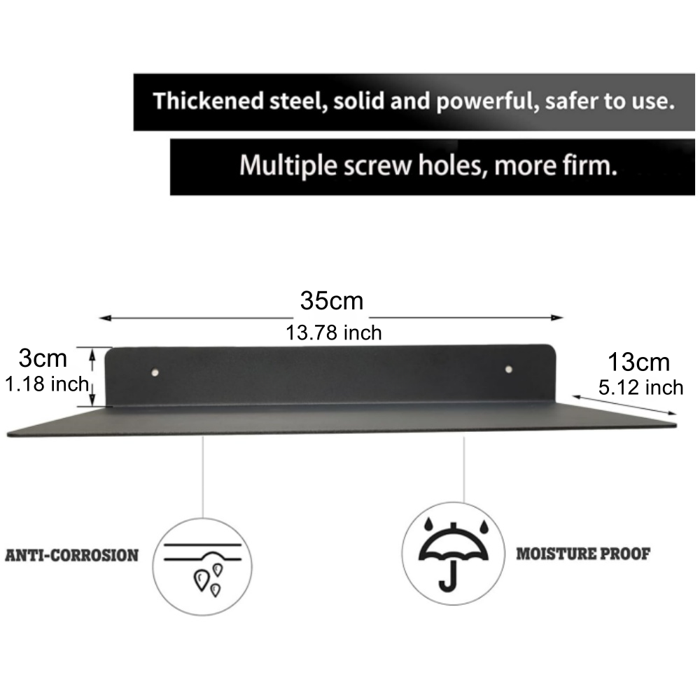 Black Heavy-Duty Coated Steel Wall-Mounted Industrial Design Bathroom Kitchen Display Decorative Easter Linear Floating Shelf