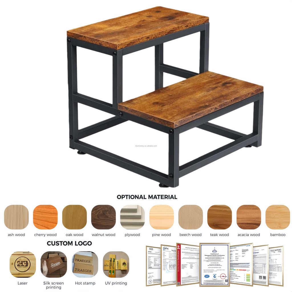 2-Step Steel Wood Modern Heavy-Duty Plant Pot Storage Rack Prefab Stairs Kitchen Decor Outdoor Multi-function Shelves Flower