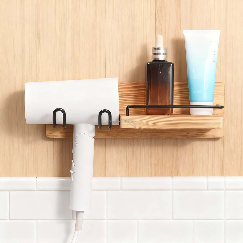 Wall-Mounted Modern Multifunction Hair Dryer Holder Rack Sturdy Storage Organizer Space-Saving Design Easy Clean Wooden Shelves