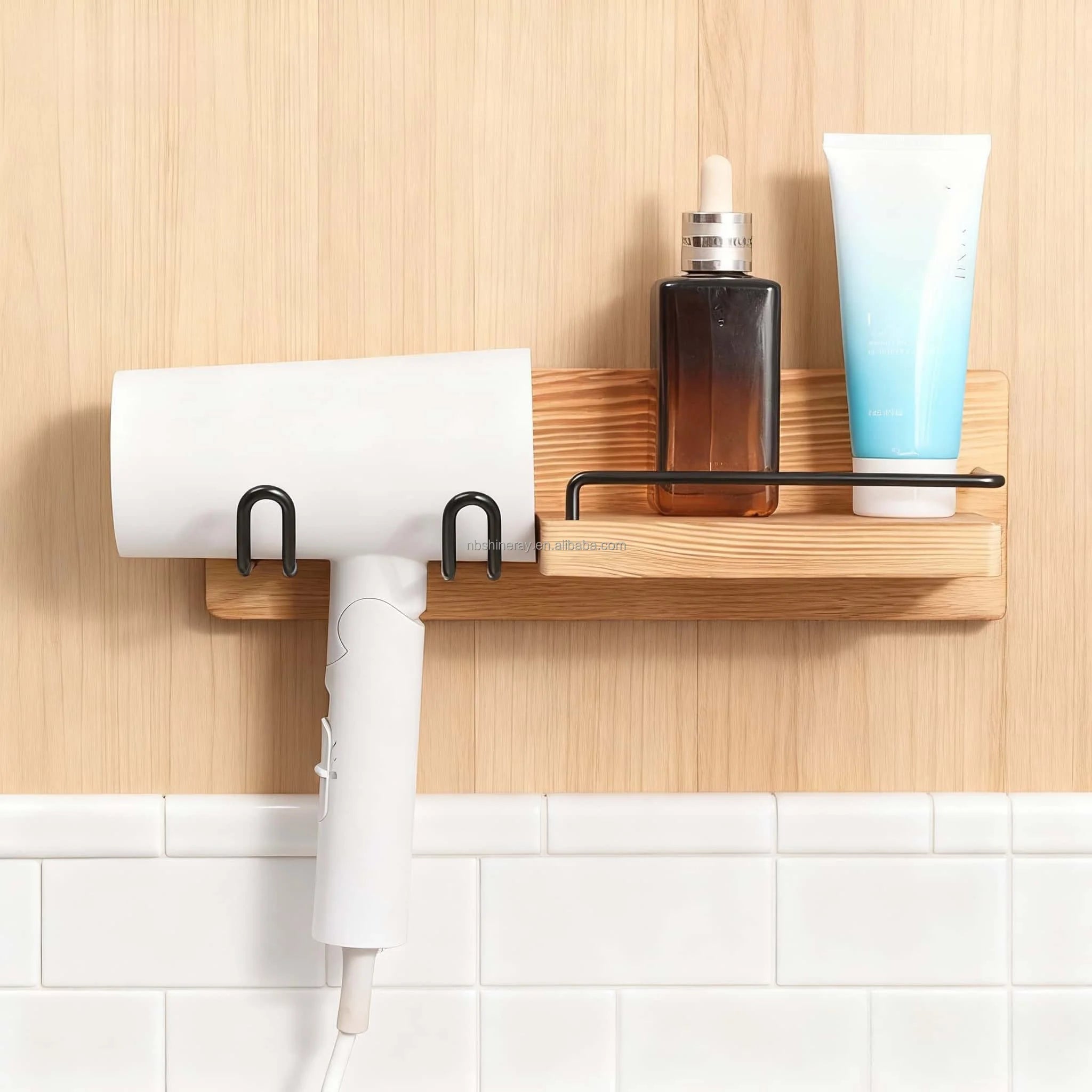 Wall-Mounted Modern Multifunction Hair Dryer Holder Rack Sturdy Storage Organizer Space-Saving Design Easy Clean Wooden Shelves