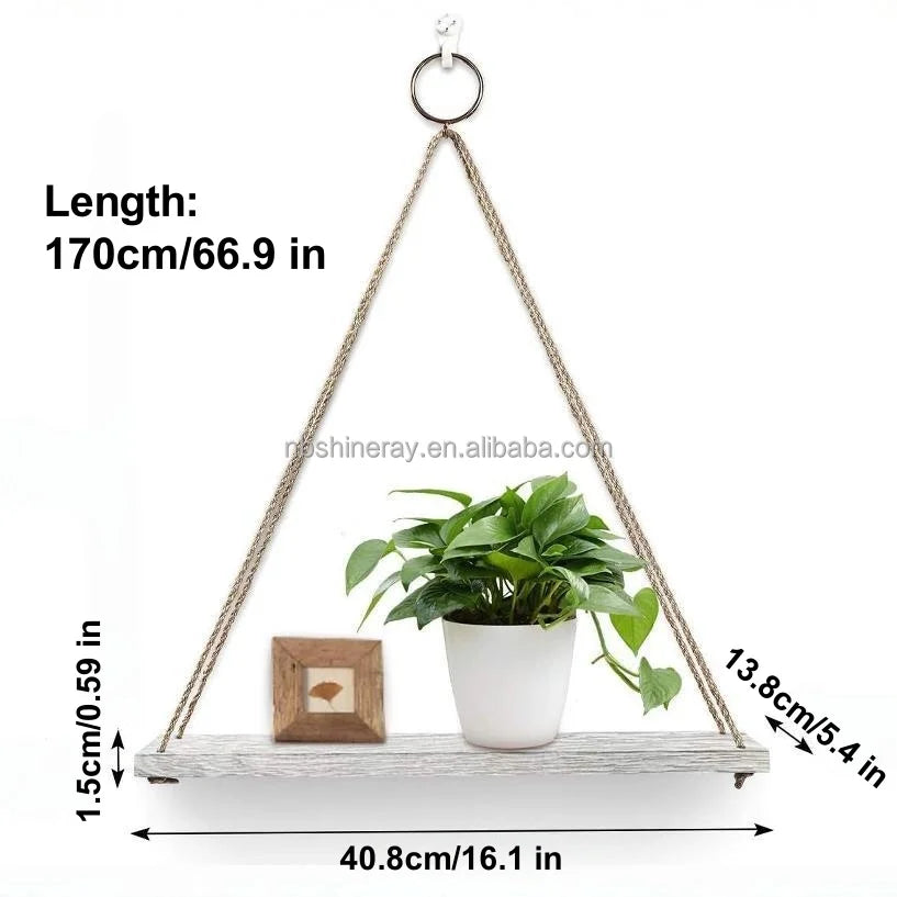3 Tier Wood Hanging Shelves Wall Boho Decor Swing Rope Floating Shelf Wall Display Shelving Home Organizer Rack for Bedroom