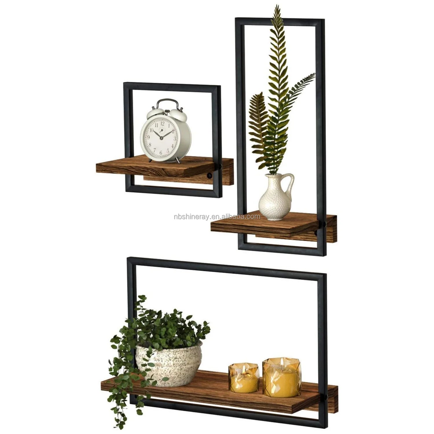 Industrial Wooden Storage Shelf Metal Frame Wall-Mounted Three-layer Bathroom Floating Shelves with Display Decor