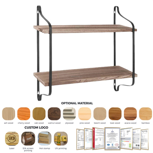 2 Tier Wall Mounted Steel & Wood Storage Shelves Industrial Design Coated Finish Floating Shelves for Bathroom Toiletries Decor