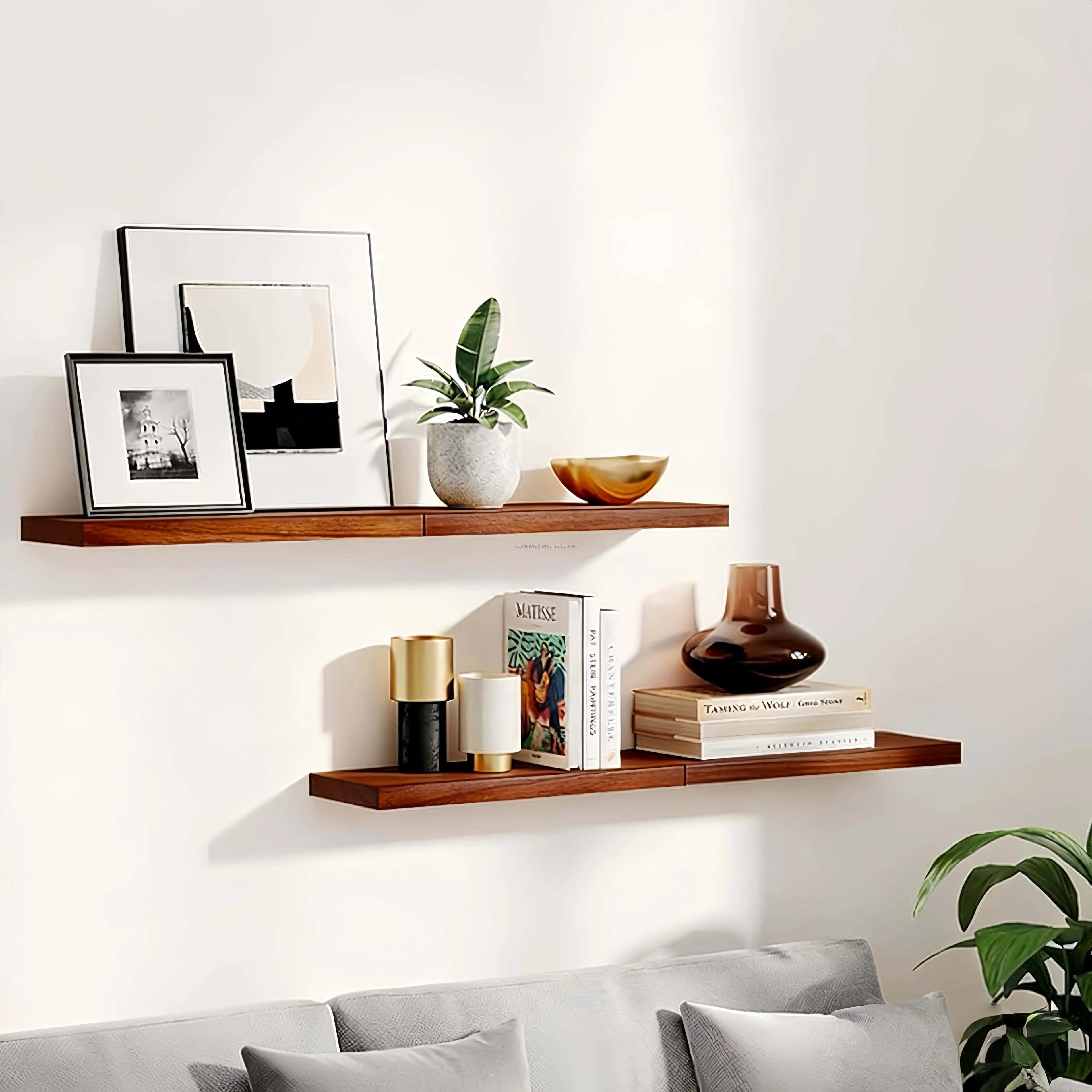 Four Layer Steel Solid Wood Wall Decorative Rectangle Wall Mounted Floating Shelves for Kitchen Bathroom Storage
