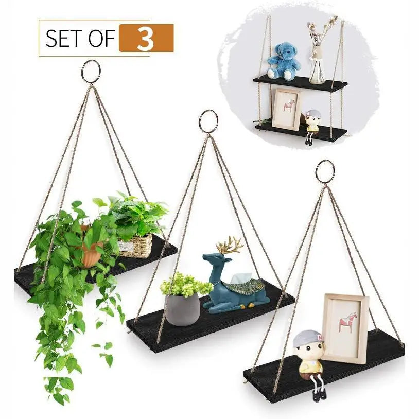 3 Tier Wood Hanging Shelves Wall Boho Decor Swing Rope Floating Shelf Wall Display Shelving Home Organizer Rack for Bedroom