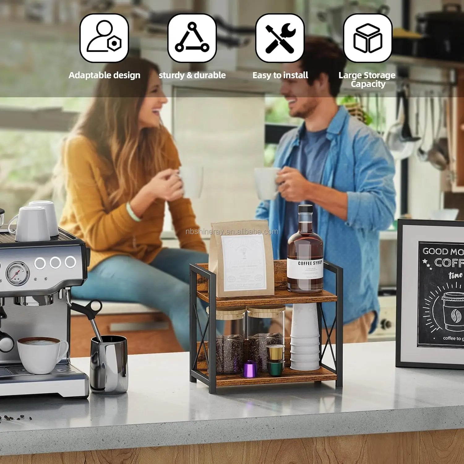 Double Tier Heavy Duty Brown Wood Multifunctional Kitchen Spice Rack & Coffee Counter Top Organizer with Standing Shelves