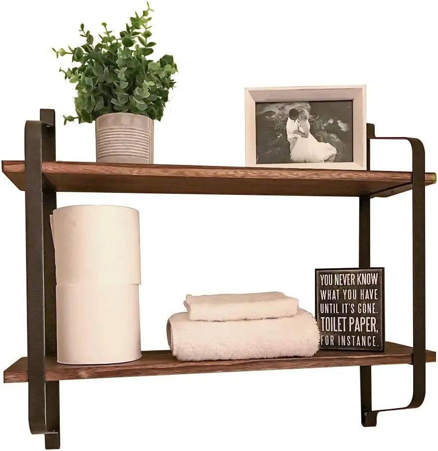 2 Tier Wall Mounted Steel & Wood Storage Shelves Industrial Design Coated Finish Floating Shelves for Bathroom Toiletries Decor
