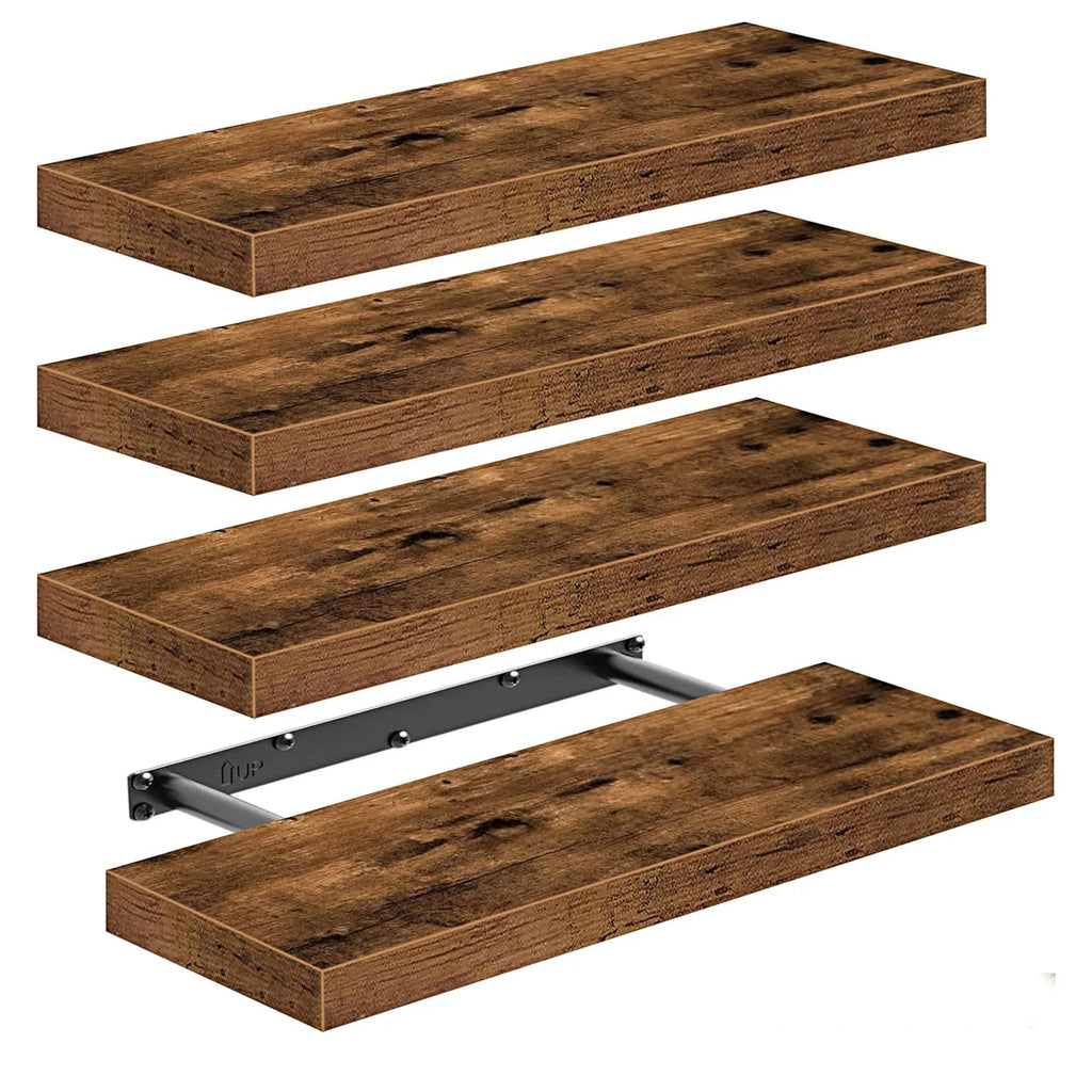 Four Layer Steel Solid Wood Wall Decorative Rectangle Wall Mounted Floating Shelves for Kitchen Bathroom Storage