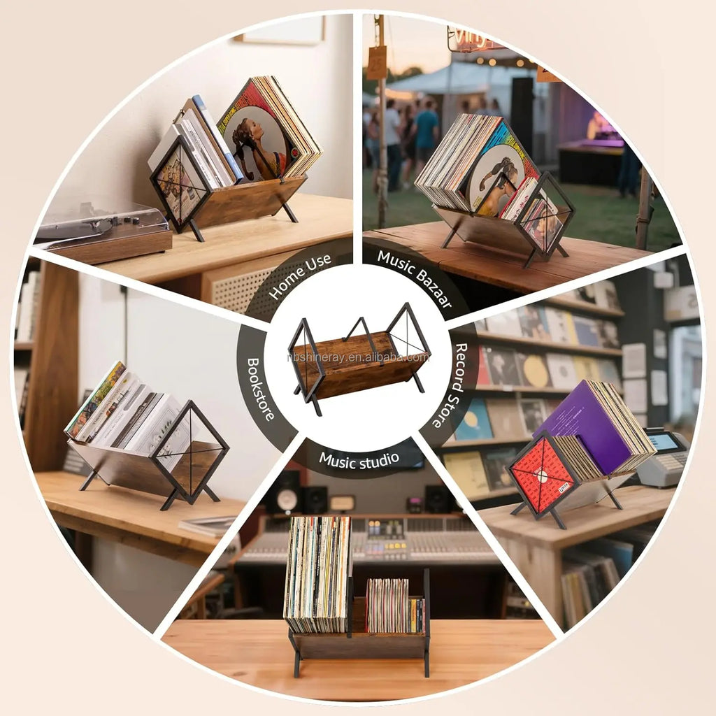 Brown V Style Wood Heavy Duty LP Record Storage Rack with Adjustable Divider Standing Shelves for Vinyl Records