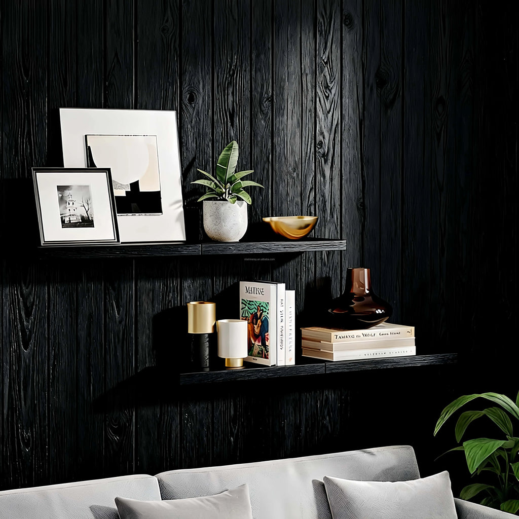 Four Layer Steel Solid Wood Wall Decorative Rectangle Wall Mounted Floating Shelves for Kitchen Bathroom Storage