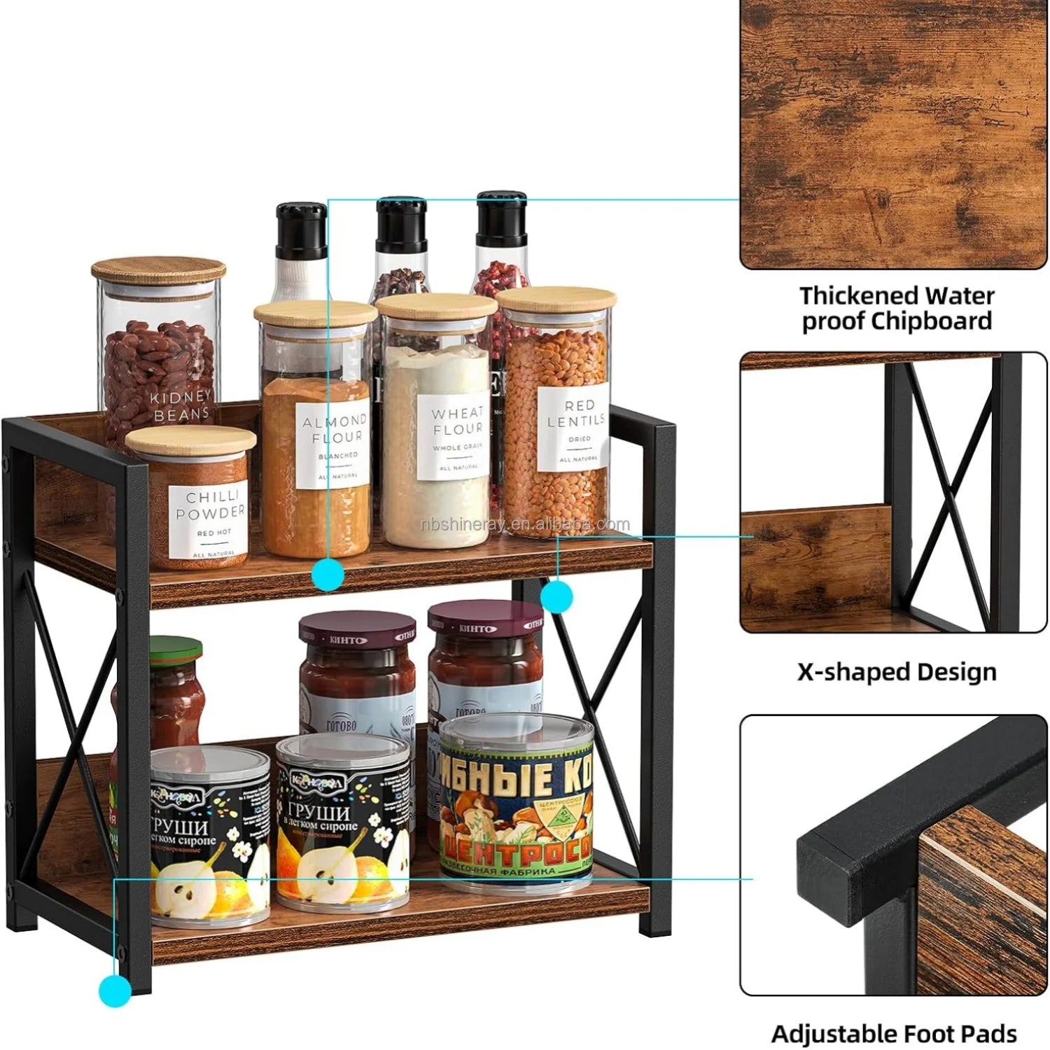 Double Tier Heavy Duty Brown Wood Multifunctional Kitchen Spice Rack & Coffee Counter Top Organizer with Standing Shelves