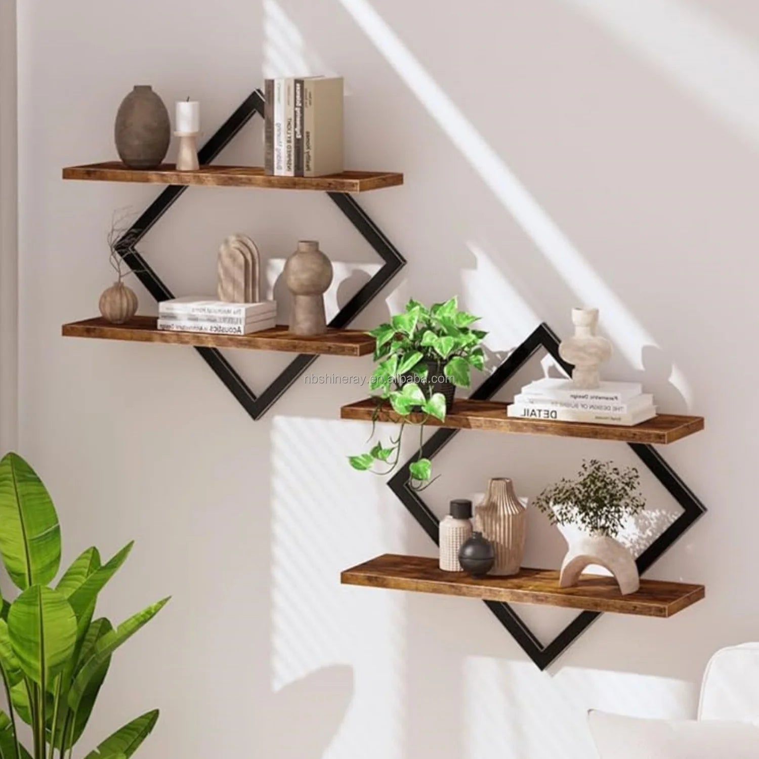 Rectangle Shape Steel + Wood Wall Shelf Bookshelf 2-Tier Hanging Shelves 15 Inch Wall Mounted Floating Shelves Bathroom Living