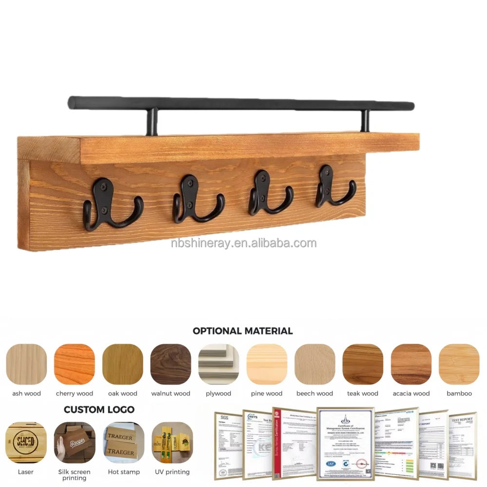 Wall Hooks Decorative Industrial Wooden Wall Shelf with Hooks and Coat Rack for Bathroom Wall Mounted Coat Rack for Home Decor