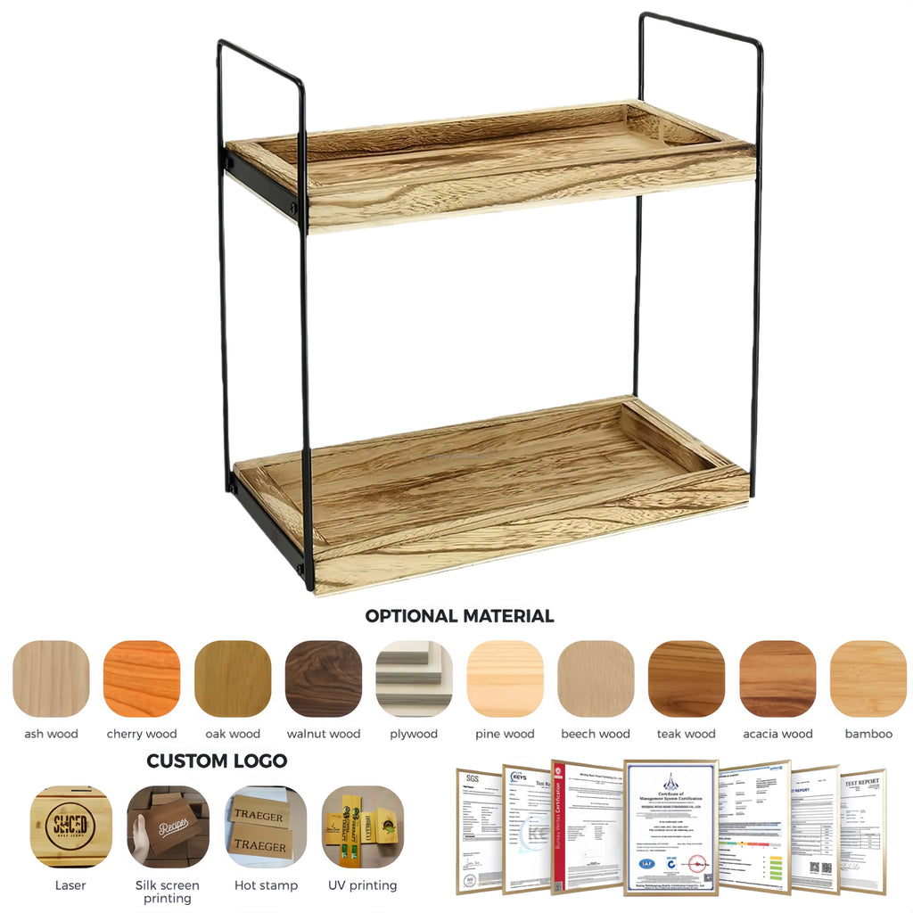 2-Tier Wood Storage Rack Kitchen & Bathroom Spice Organizer Vanity Cosmetic Makeup Shelf Modern Eco-Friendly Durable Home Decor