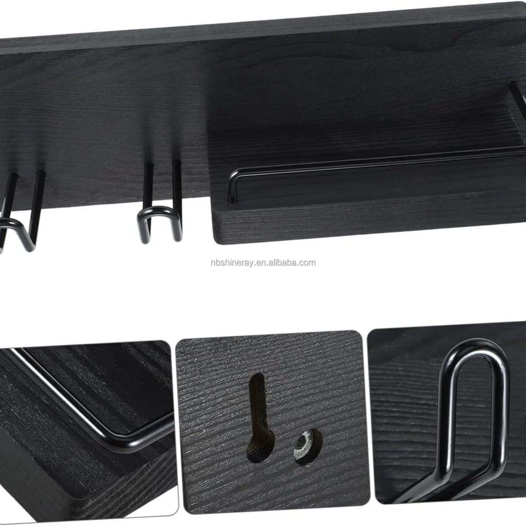 Wall-Mounted Modern Multifunction Hair Dryer Holder Rack Sturdy Storage Organizer Space-Saving Design Easy Clean Wooden Shelves