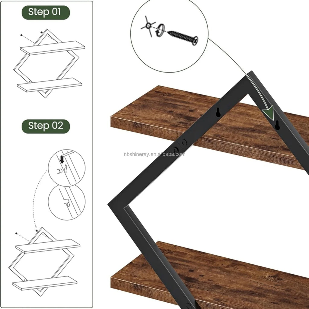 Rectangle Shape Steel + Wood Wall Shelf Bookshelf 2-Tier Hanging Shelves 15 Inch Wall Mounted Floating Shelves Bathroom Living