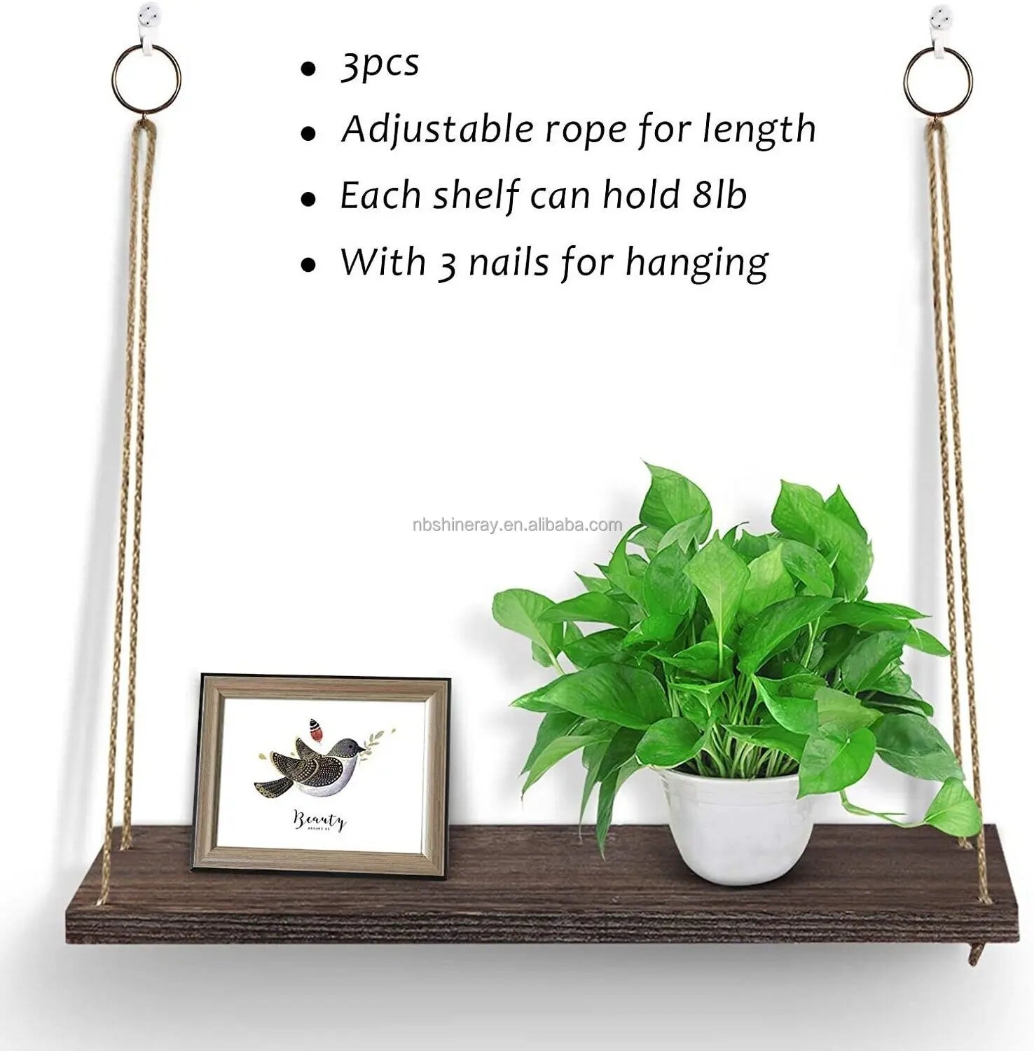 3 Tier Wood Hanging Shelves Wall Boho Decor Swing Rope Floating Shelf Wall Display Shelving Home Organizer Rack for Bedroom