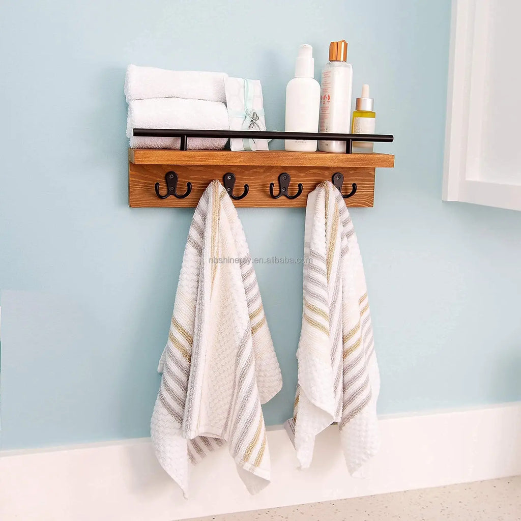 Wall Hooks Decorative Industrial Wooden Wall Shelf with Hooks and Coat Rack for Bathroom Wall Mounted Coat Rack for Home Decor