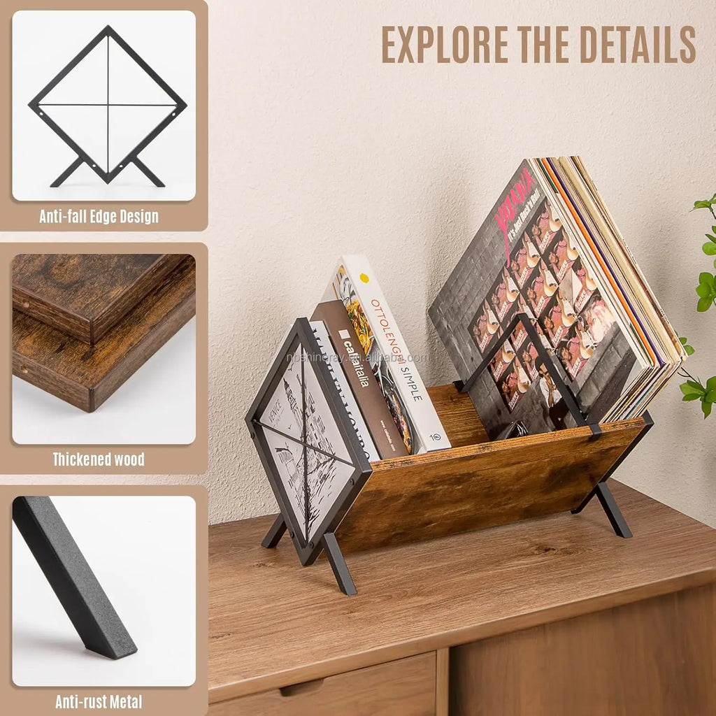 Brown V Style Wood Heavy Duty LP Record Storage Rack with Adjustable Divider Standing Shelves for Vinyl Records
