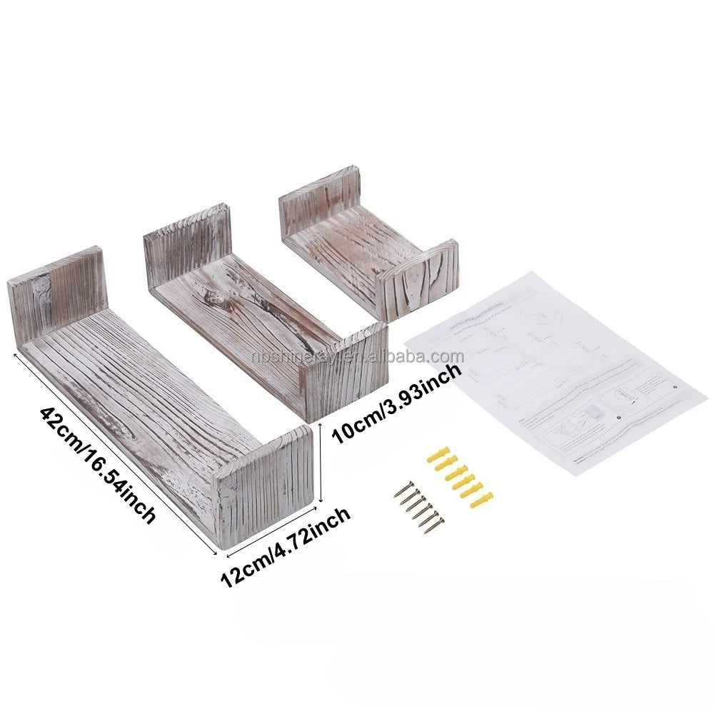 3 Tier Industrial Rustic Finish Wood Floating Rectangle Wall Shelves Easy Assembly U Shape Shelves for Bedrooms Bathrooms Easter