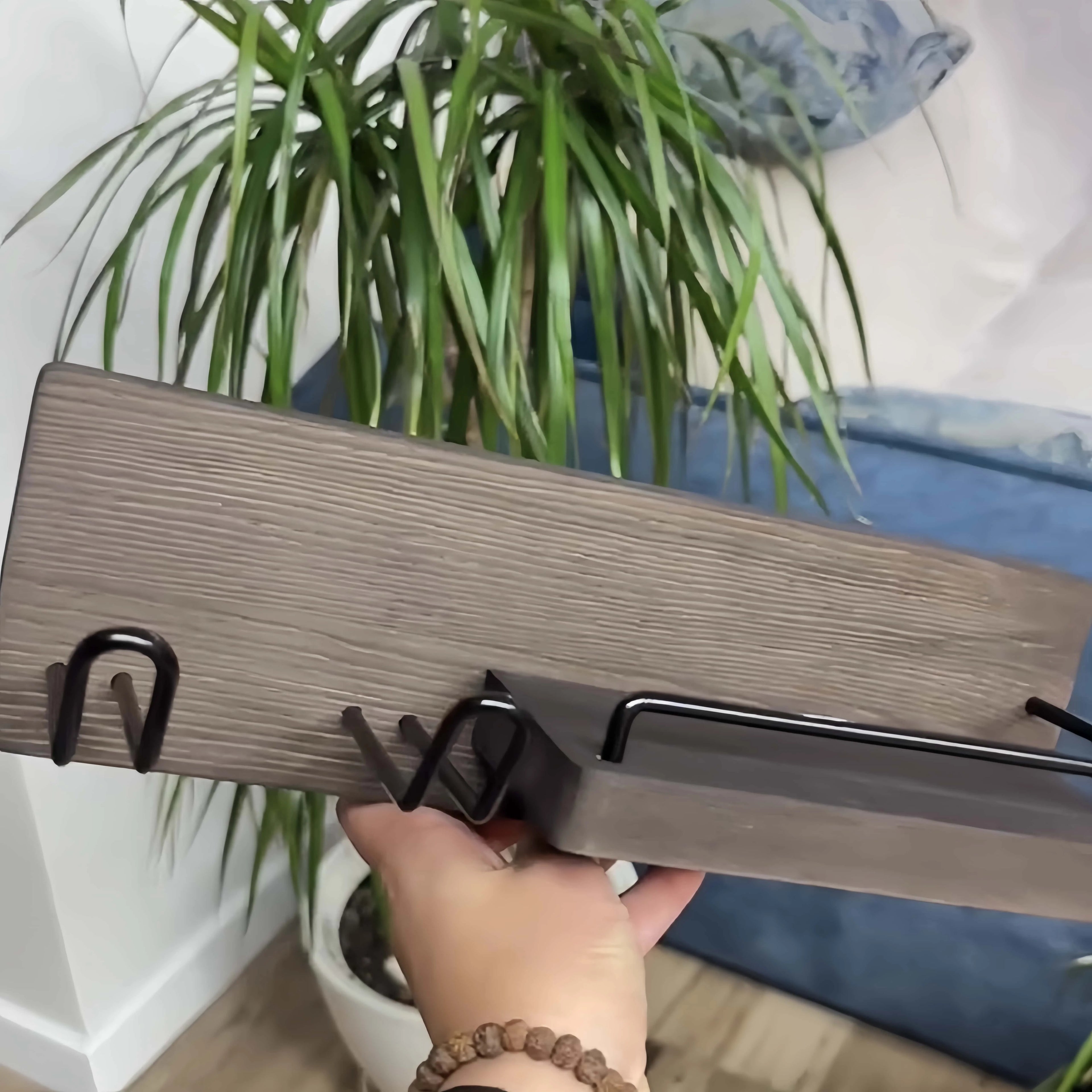 Wall-Mounted Modern Multifunction Hair Dryer Holder Rack Sturdy Storage Organizer Space-Saving Design Easy Clean Wooden Shelves