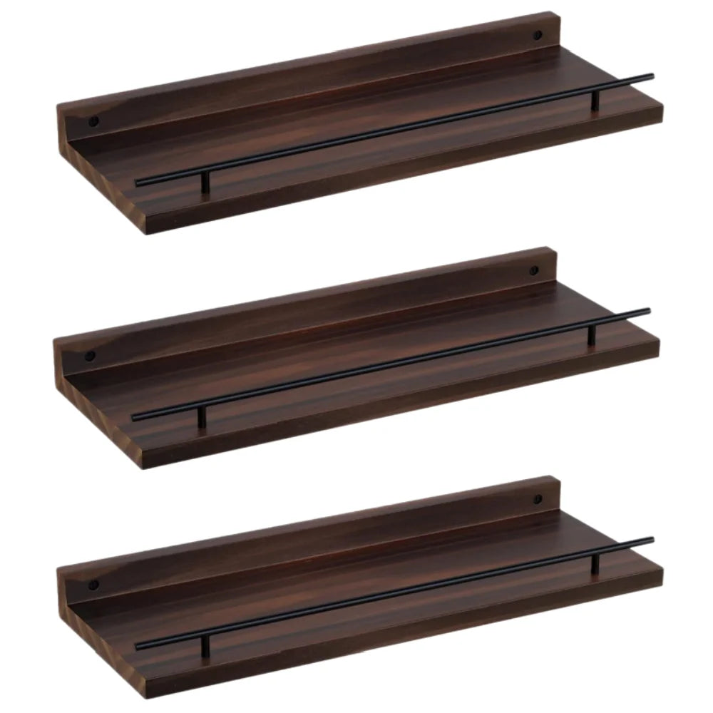 3 Tier L Shape Wood Shelves Detachable Multiplication with Metal Guardrail Wall Decor Floating Storage Shelves for Bathroom