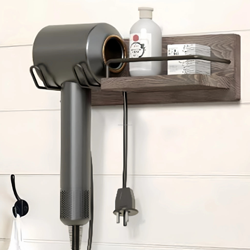 Wall-Mounted Modern Multifunction Hair Dryer Holder Rack Sturdy Storage Organizer Space-Saving Design Easy Clean Wooden Shelves