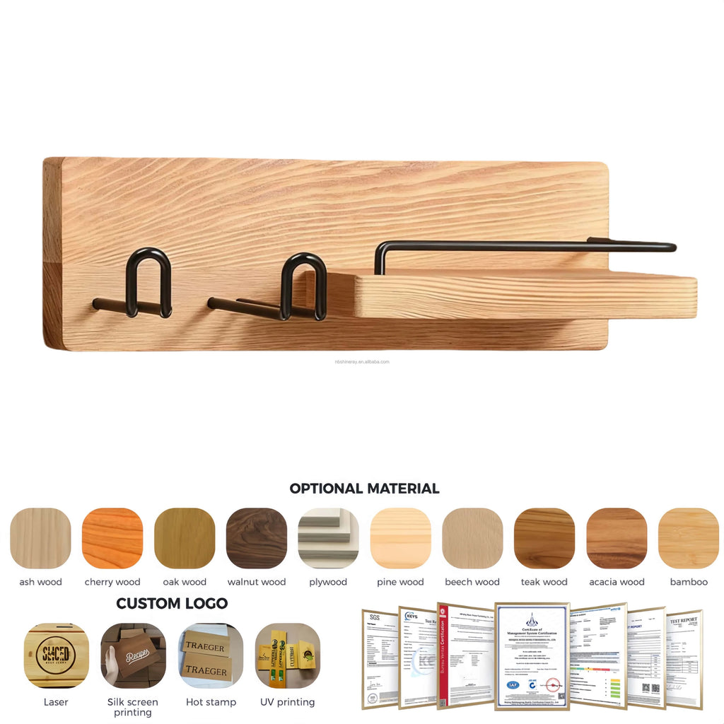 Wall-Mounted Modern Multifunction Hair Dryer Holder Rack Sturdy Storage Organizer Space-Saving Design Easy Clean Wooden Shelves