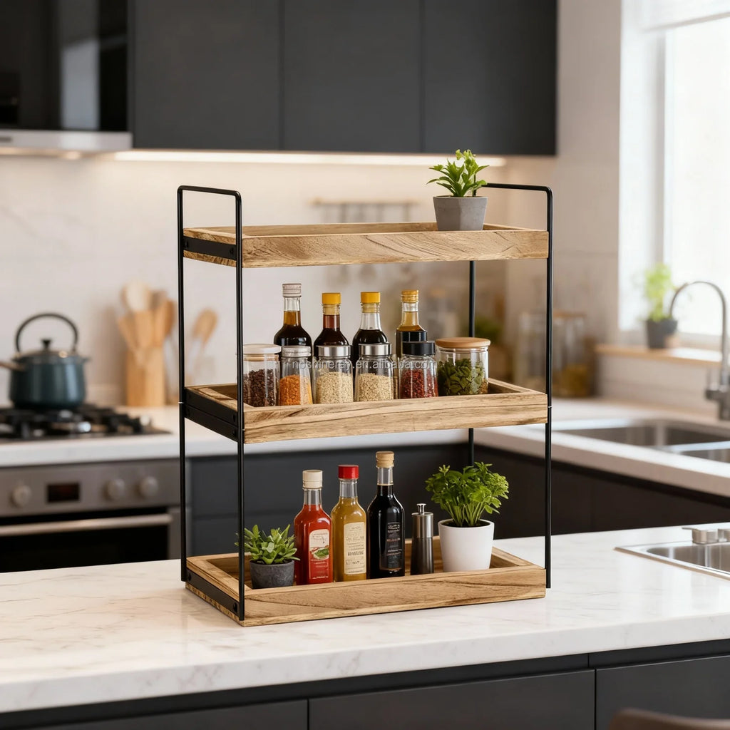 Kitchen Counter Organizer 3-Tier Steel+Wood Dish and Bowl Rack Modern Durable Handmade Standing Shelves Kitchen Decor