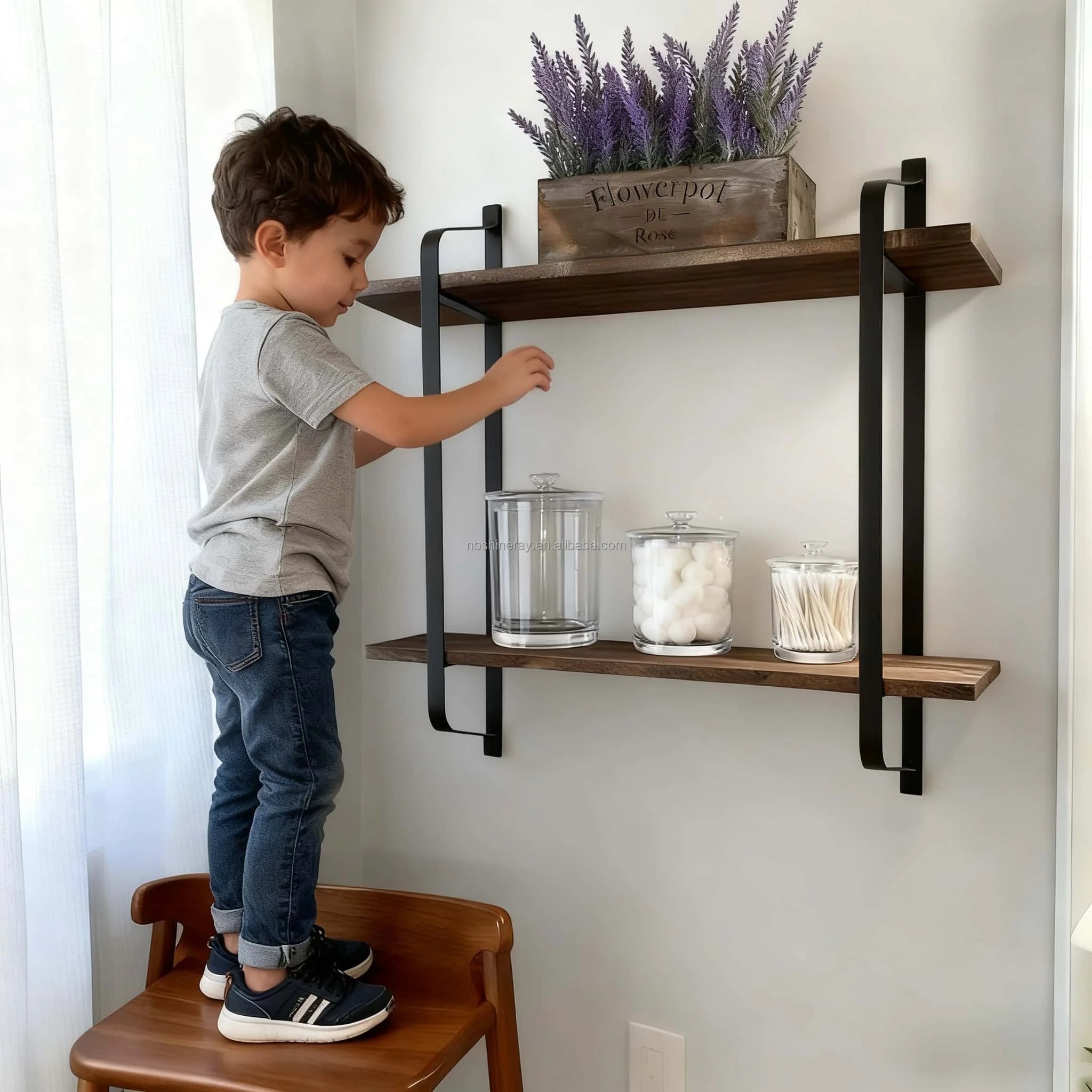 2 Tier Wall Mounted Steel & Wood Storage Shelves Industrial Design Coated Finish Floating Shelves for Bathroom Toiletries Decor