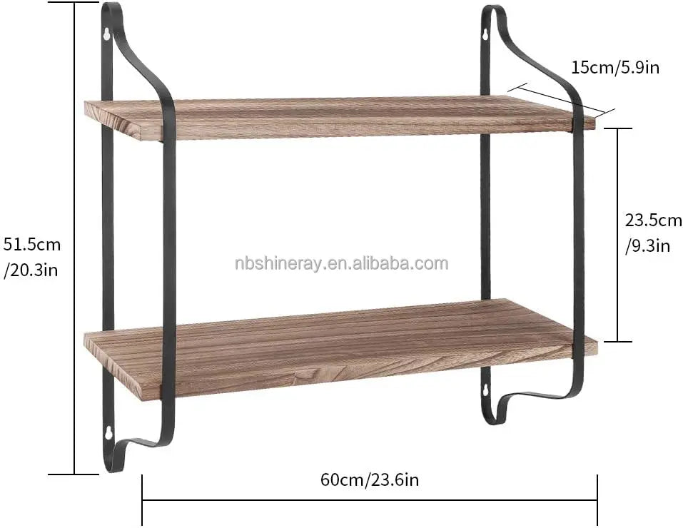 2 Tier Wall Mounted Steel & Wood Storage Shelves Industrial Design Coated Finish Floating Shelves for Bathroom Toiletries Decor