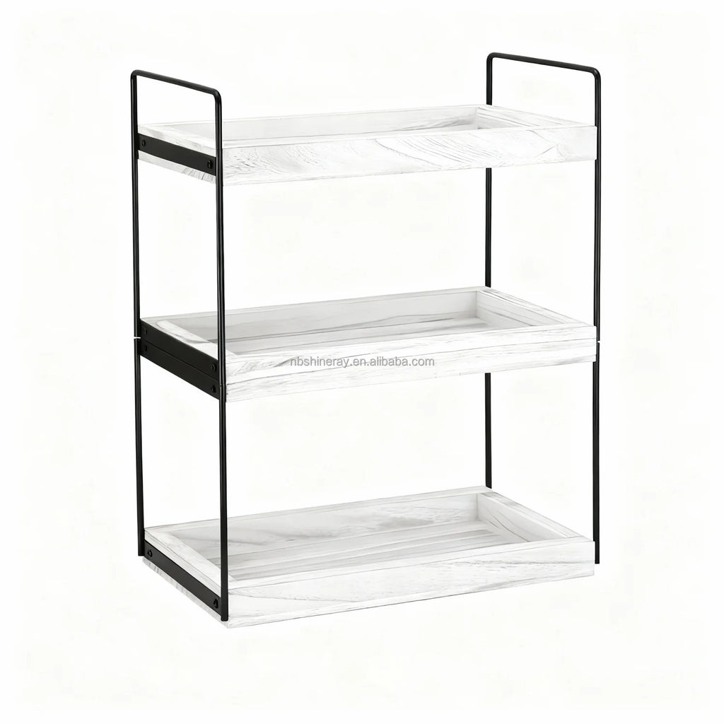Kitchen Counter Organizer 3-Tier Steel+Wood Dish and Bowl Rack Modern Durable Handmade Standing Shelves Kitchen Decor