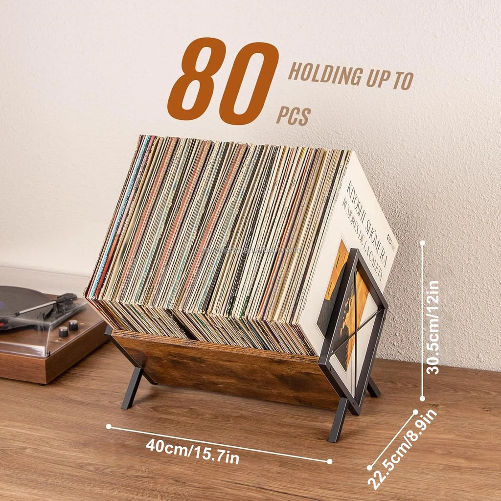 Brown V Style Wood Heavy Duty LP Record Storage Rack with Adjustable Divider Standing Shelves for Vinyl Records