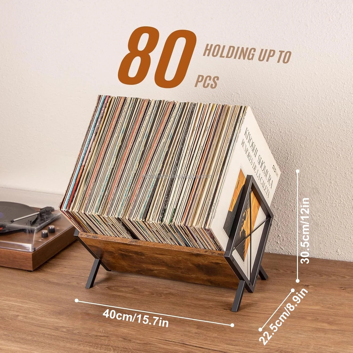 Brown V Style Wood Heavy Duty LP Record Storage Rack with Adjustable Divider Standing Shelves for Vinyl Records