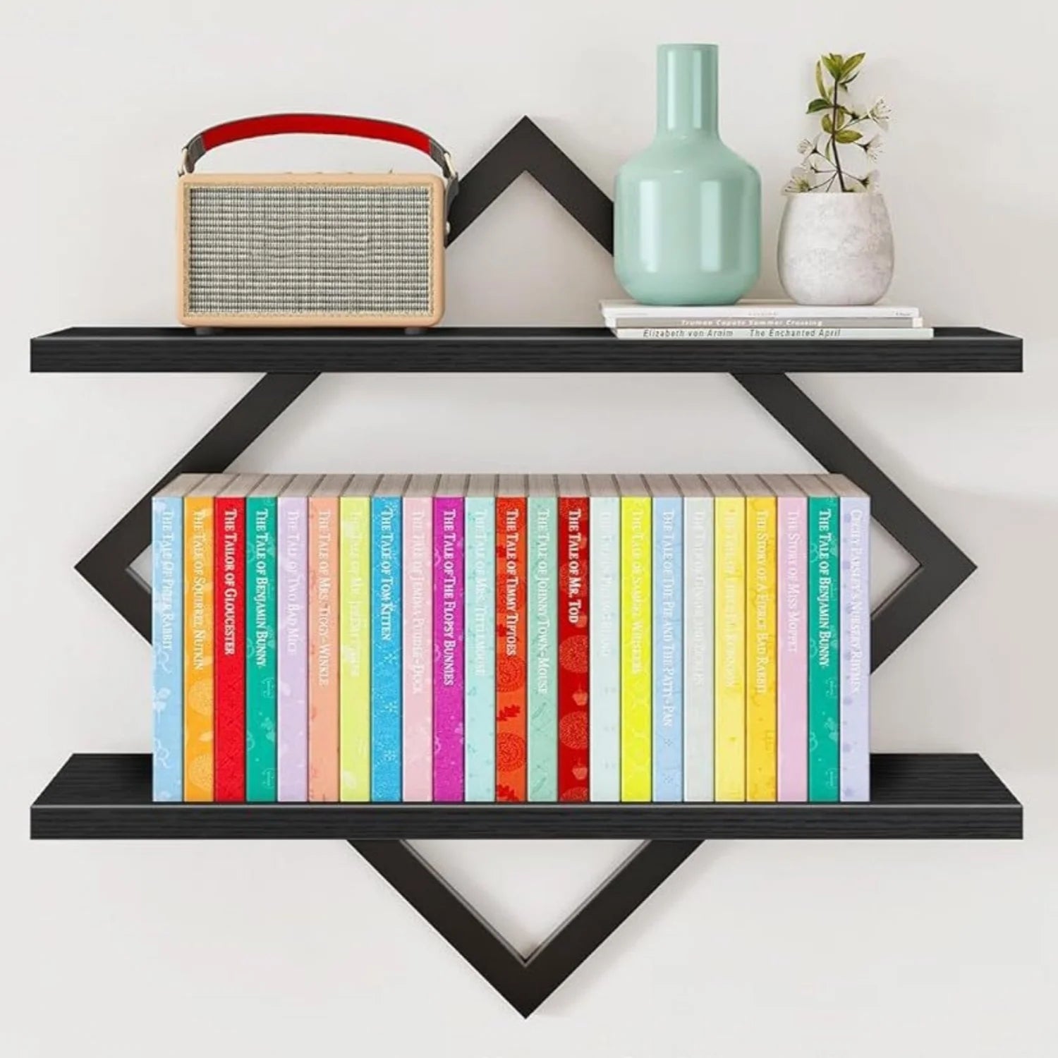 Rectangle Shape Steel + Wood Wall Shelf Bookshelf 2-Tier Hanging Shelves 15 Inch Wall Mounted Floating Shelves Bathroom Living