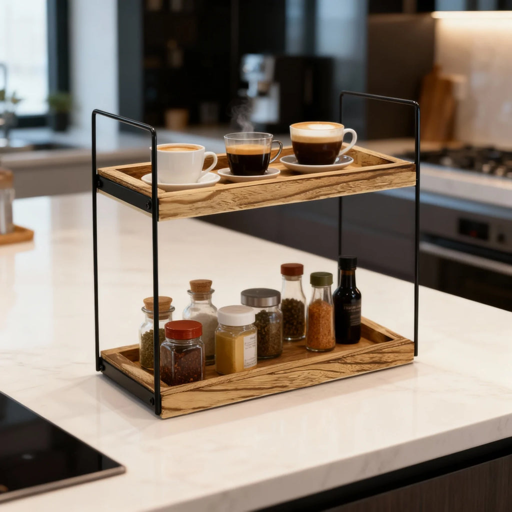 2-Tier Wood Storage Rack Kitchen & Bathroom Spice Organizer Vanity Cosmetic Makeup Shelf Modern Eco-Friendly Durable Home Decor