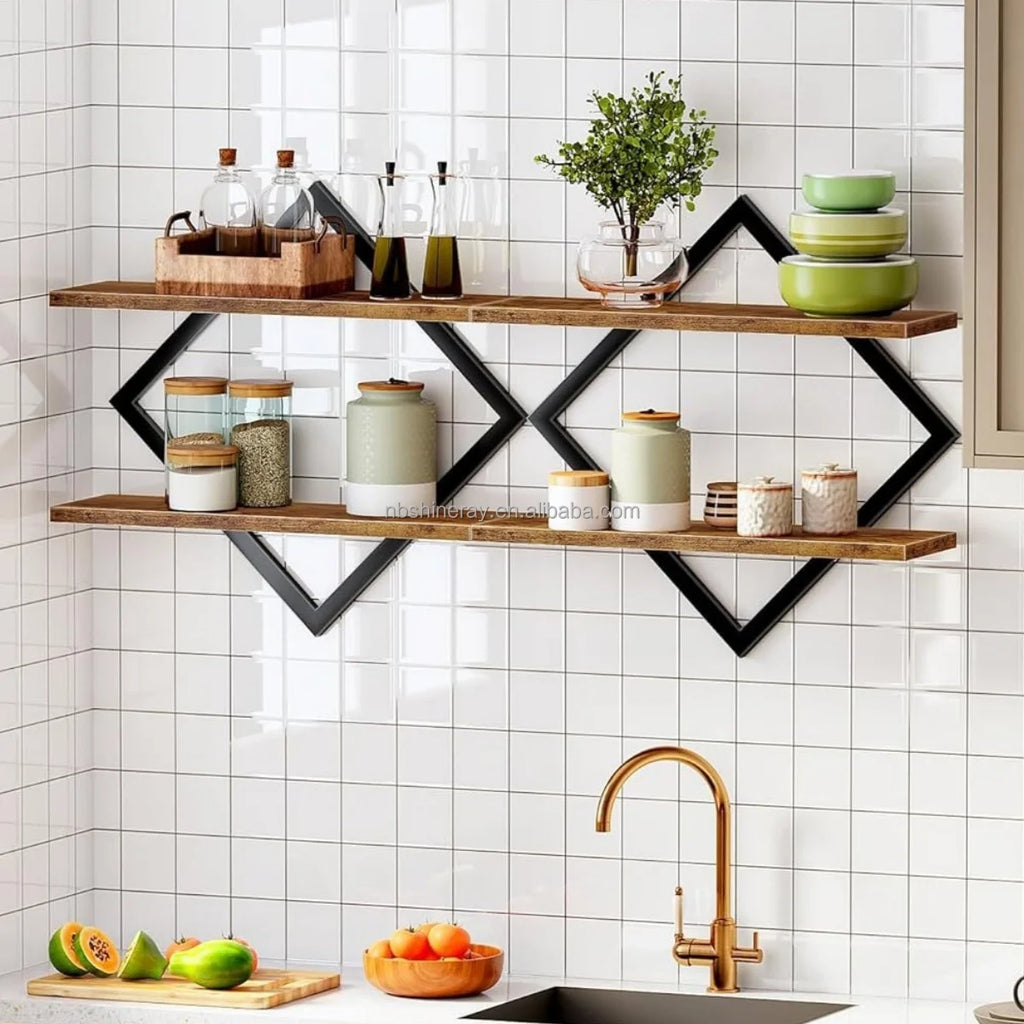 Rectangle Shape Steel + Wood Wall Shelf Bookshelf 2-Tier Hanging Shelves 15 Inch Wall Mounted Floating Shelves Bathroom Living