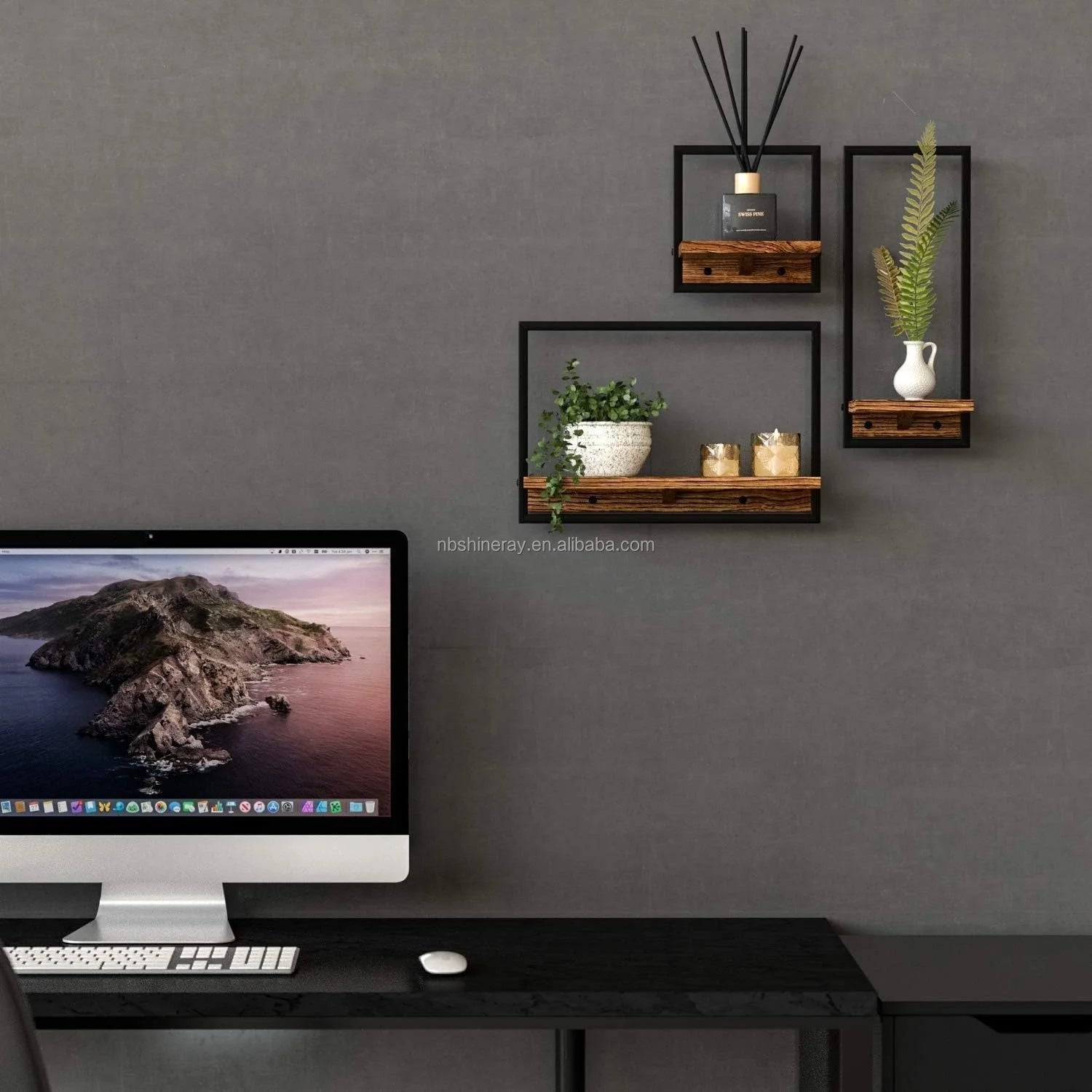 Industrial Wooden Storage Shelf Metal Frame Wall-Mounted Three-layer Bathroom Floating Shelves with Display Decor