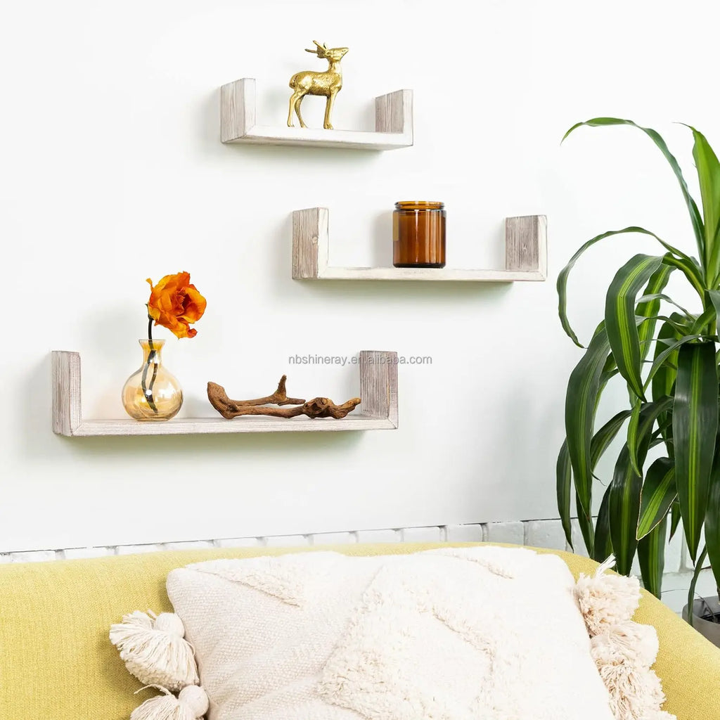 3 Tier Industrial Rustic Finish Wood Floating Rectangle Wall Shelves Easy Assembly U Shape Shelves for Bedrooms Bathrooms Easter