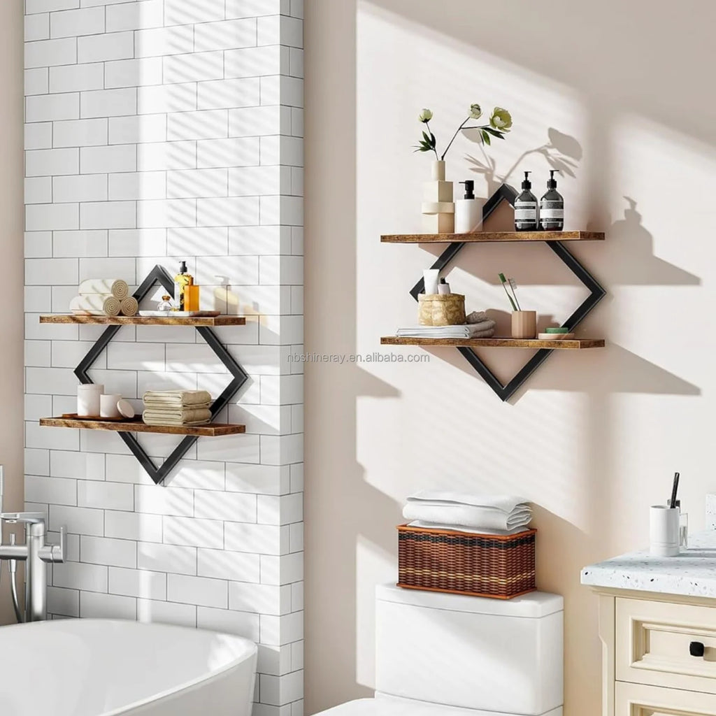 Rectangle Shape Steel + Wood Wall Shelf Bookshelf 2-Tier Hanging Shelves 15 Inch Wall Mounted Floating Shelves Bathroom Living