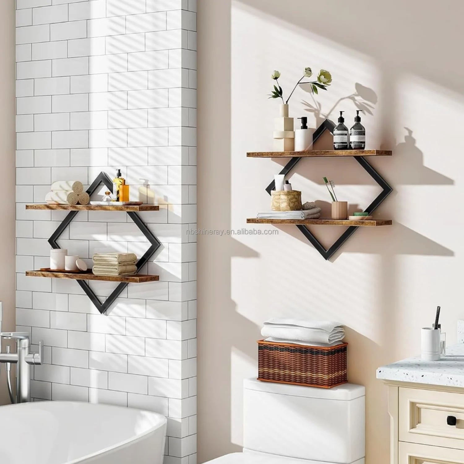 Rectangle Shape Steel + Wood Wall Shelf Bookshelf 2-Tier Hanging Shelves 15 Inch Wall Mounted Floating Shelves Bathroom Living