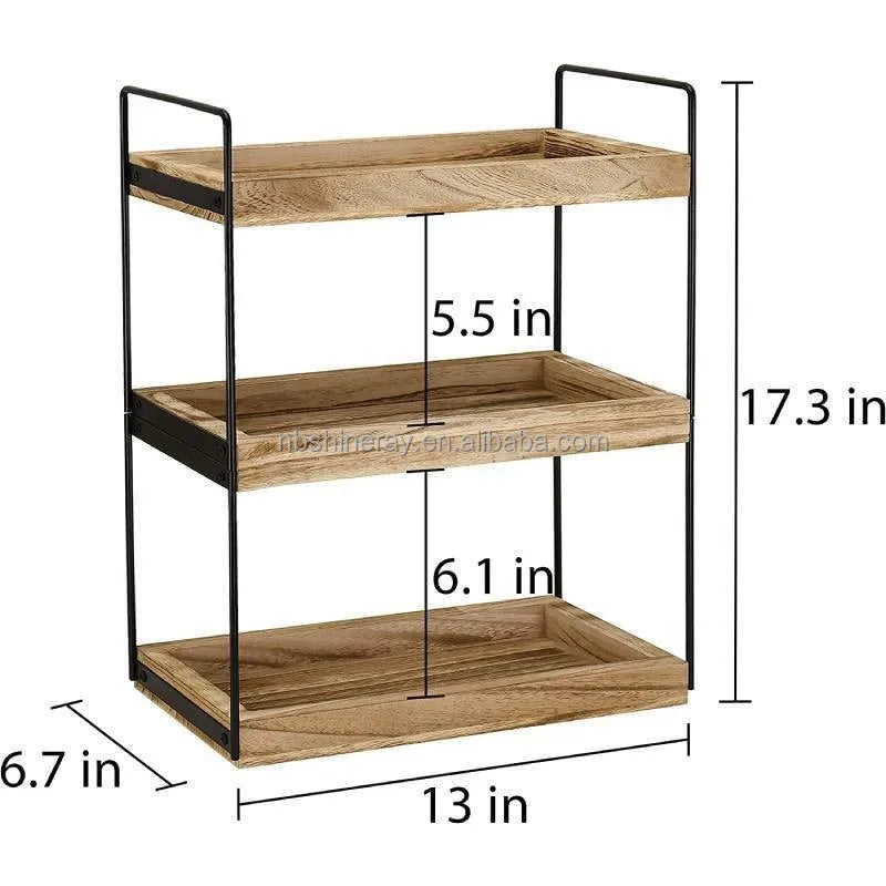 Kitchen Counter Organizer 3-Tier Steel+Wood Dish and Bowl Rack Modern Durable Handmade Standing Shelves Kitchen Decor