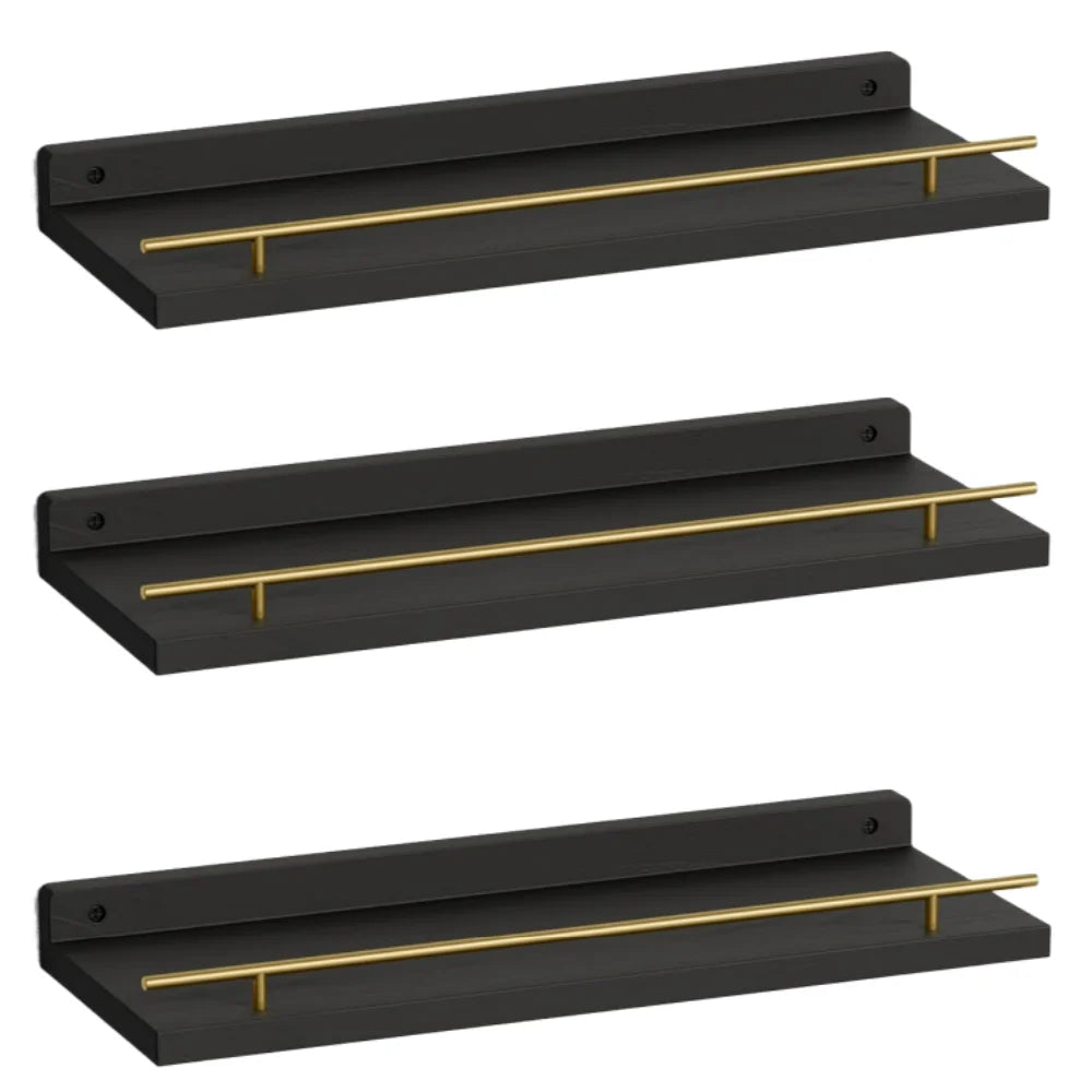 3 Tier L Shape Wood Shelves Detachable Multiplication with Metal Guardrail Wall Decor Floating Storage Shelves for Bathroom