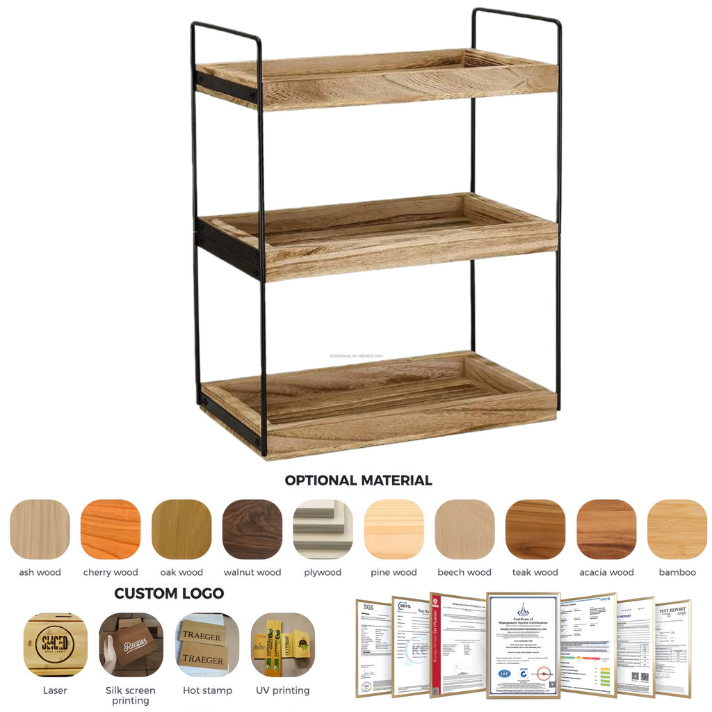 Kitchen Counter Organizer 3-Tier Steel+Wood Dish and Bowl Rack Modern Durable Handmade Standing Shelves Kitchen Decor