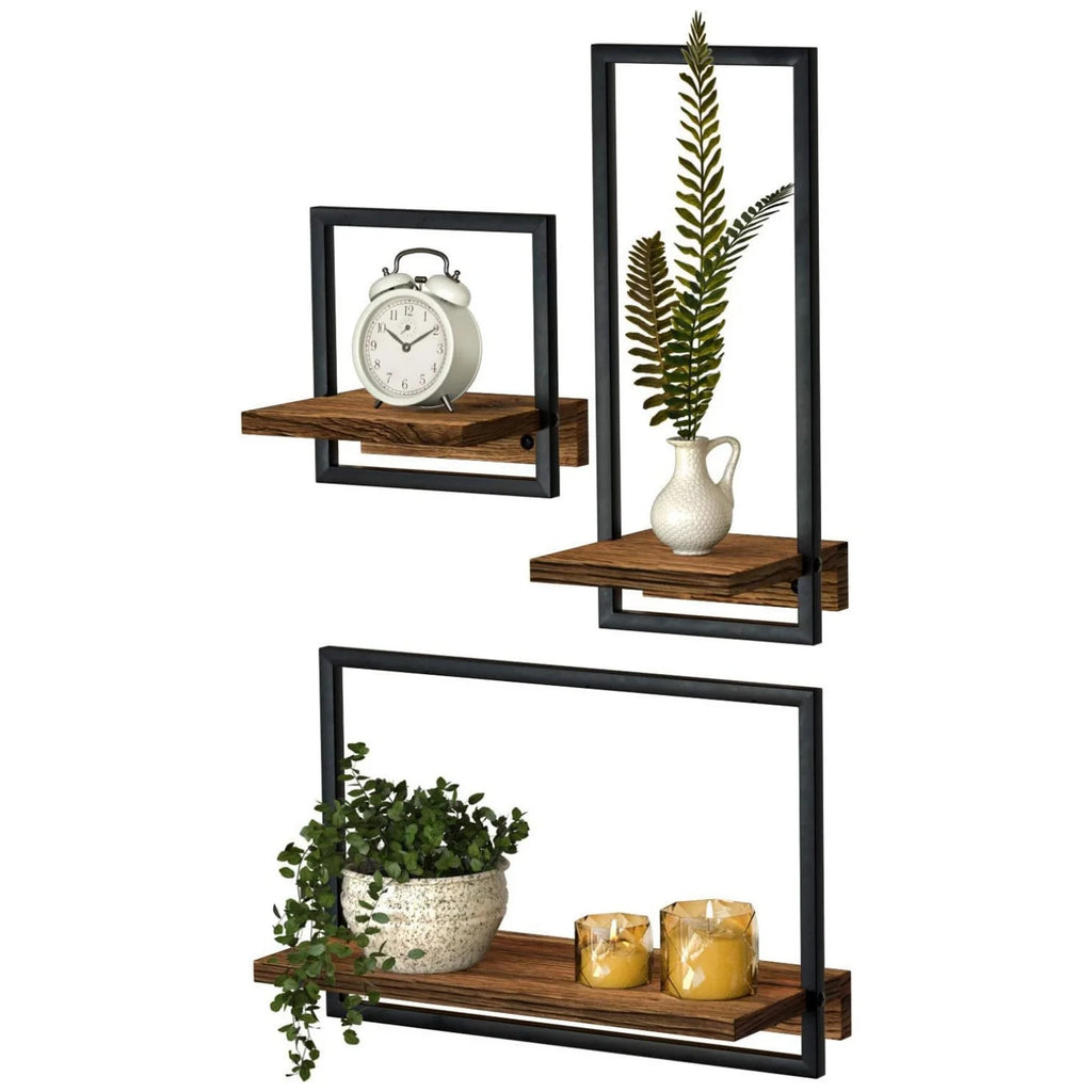 Industrial Wooden Storage Shelf Metal Frame Wall-Mounted Three-layer Bathroom Floating Shelves with Display Decor