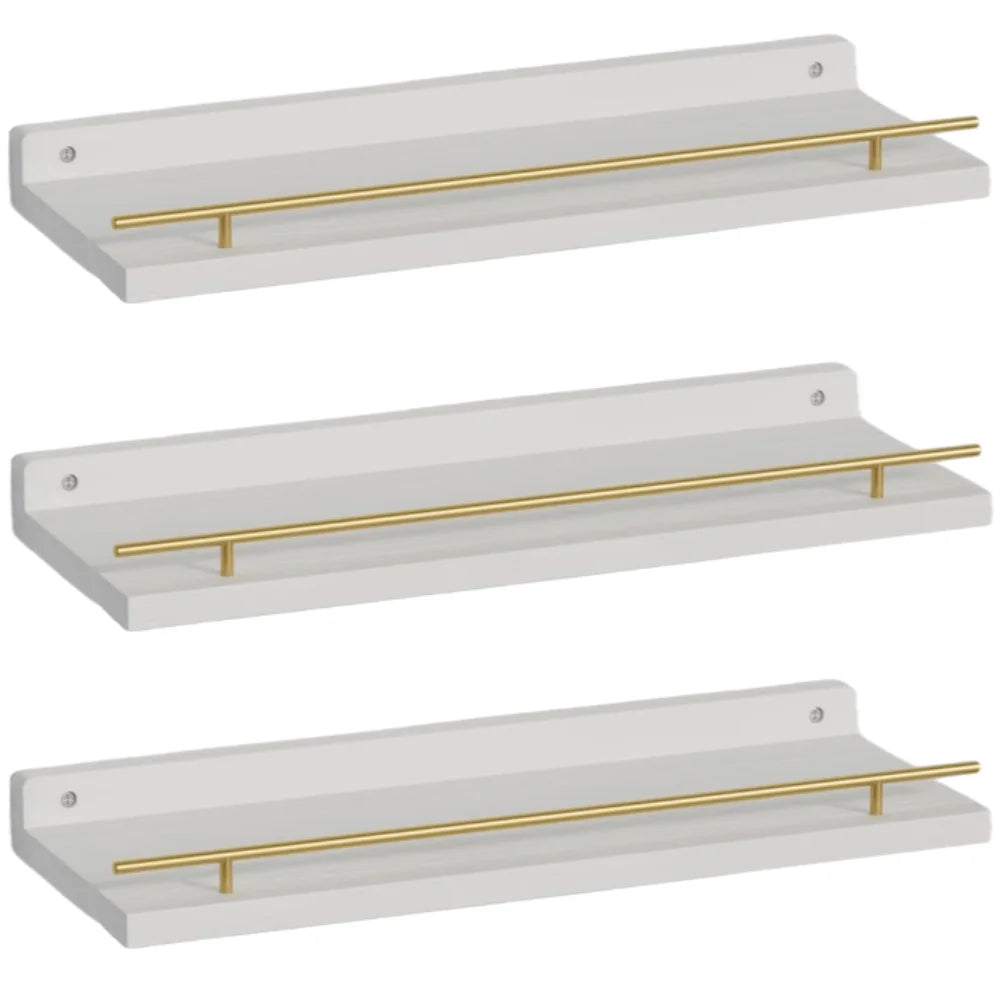 3 Tier L Shape Wood Shelves Detachable Multiplication with Metal Guardrail Wall Decor Floating Storage Shelves for Bathroom