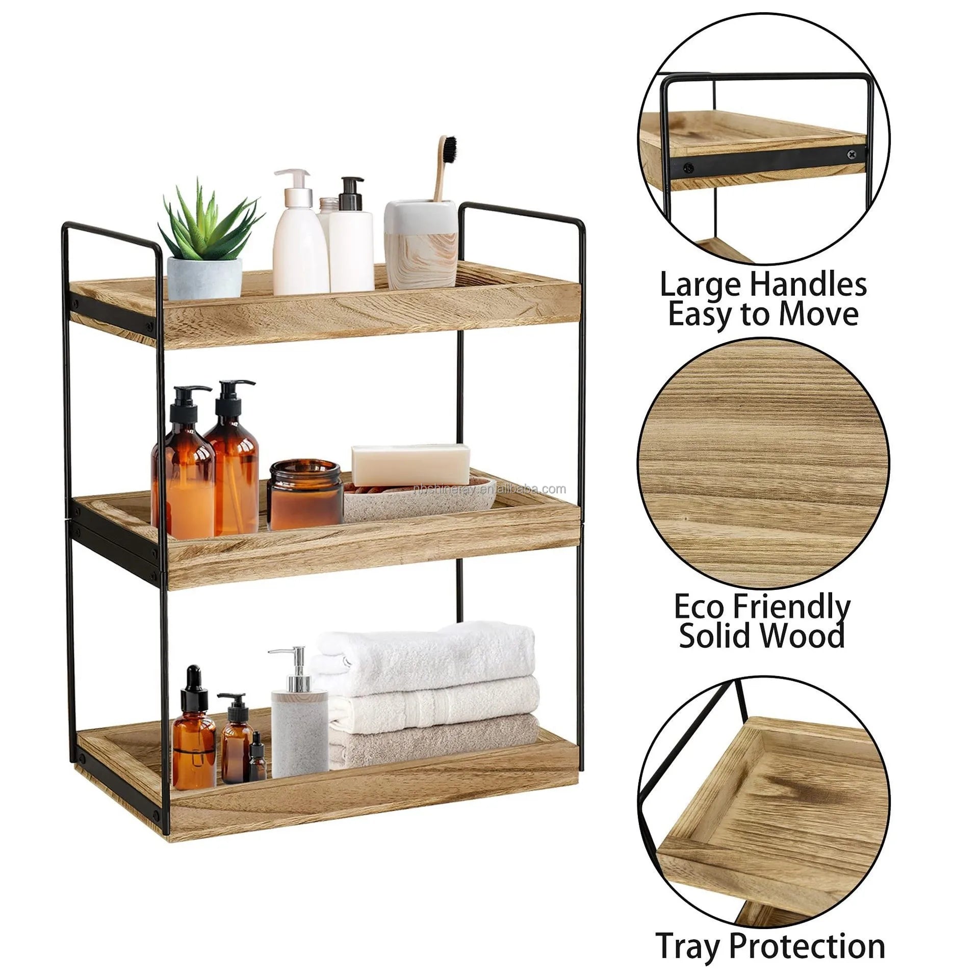 Kitchen Counter Organizer 3-Tier Steel+Wood Dish and Bowl Rack Modern Durable Handmade Standing Shelves Kitchen Decor