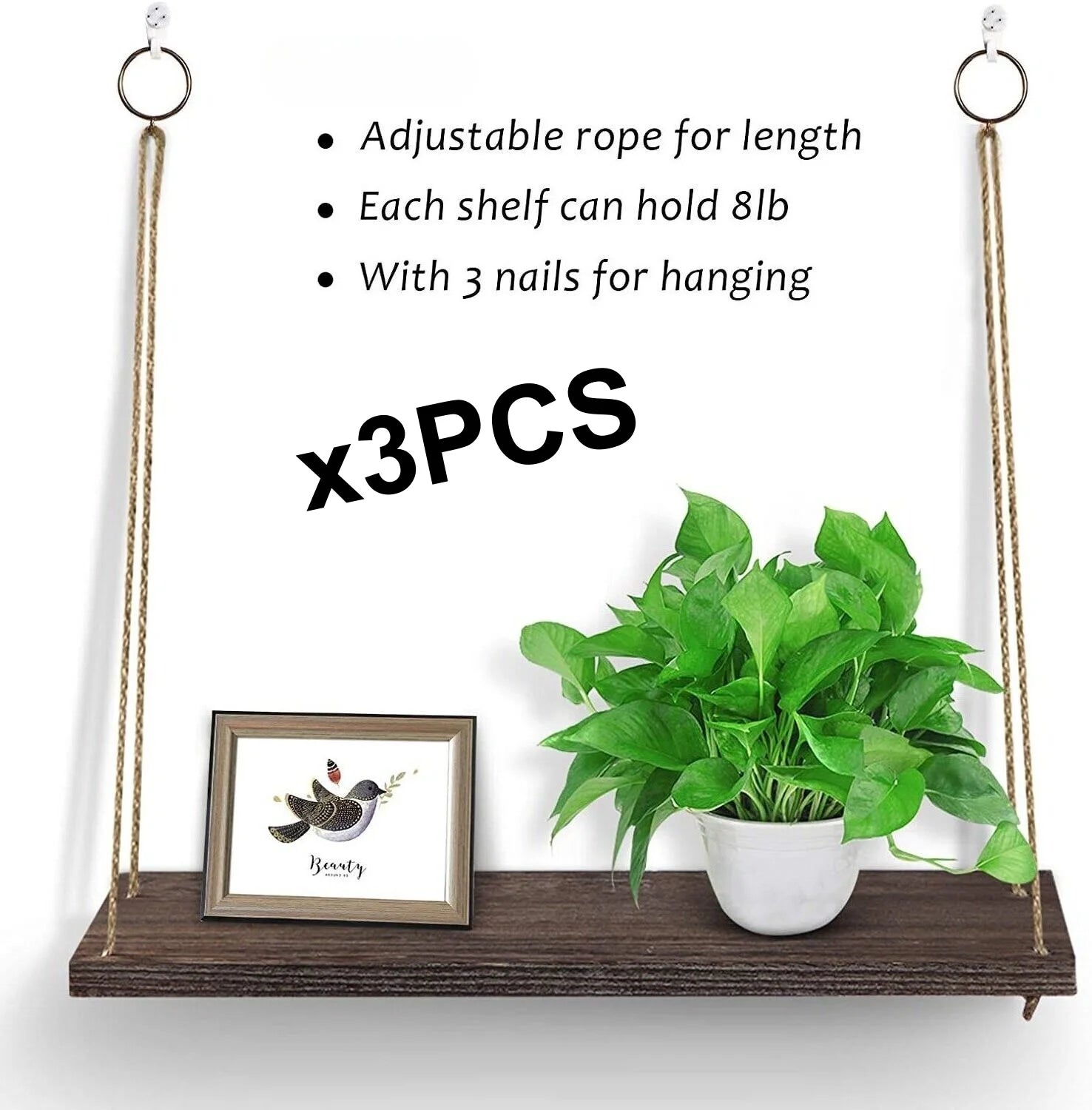 3 Tier Wood Hanging Shelves Wall Boho Decor Swing Rope Floating Shelf Wall Display Shelving Home Organizer Rack for Bedroom