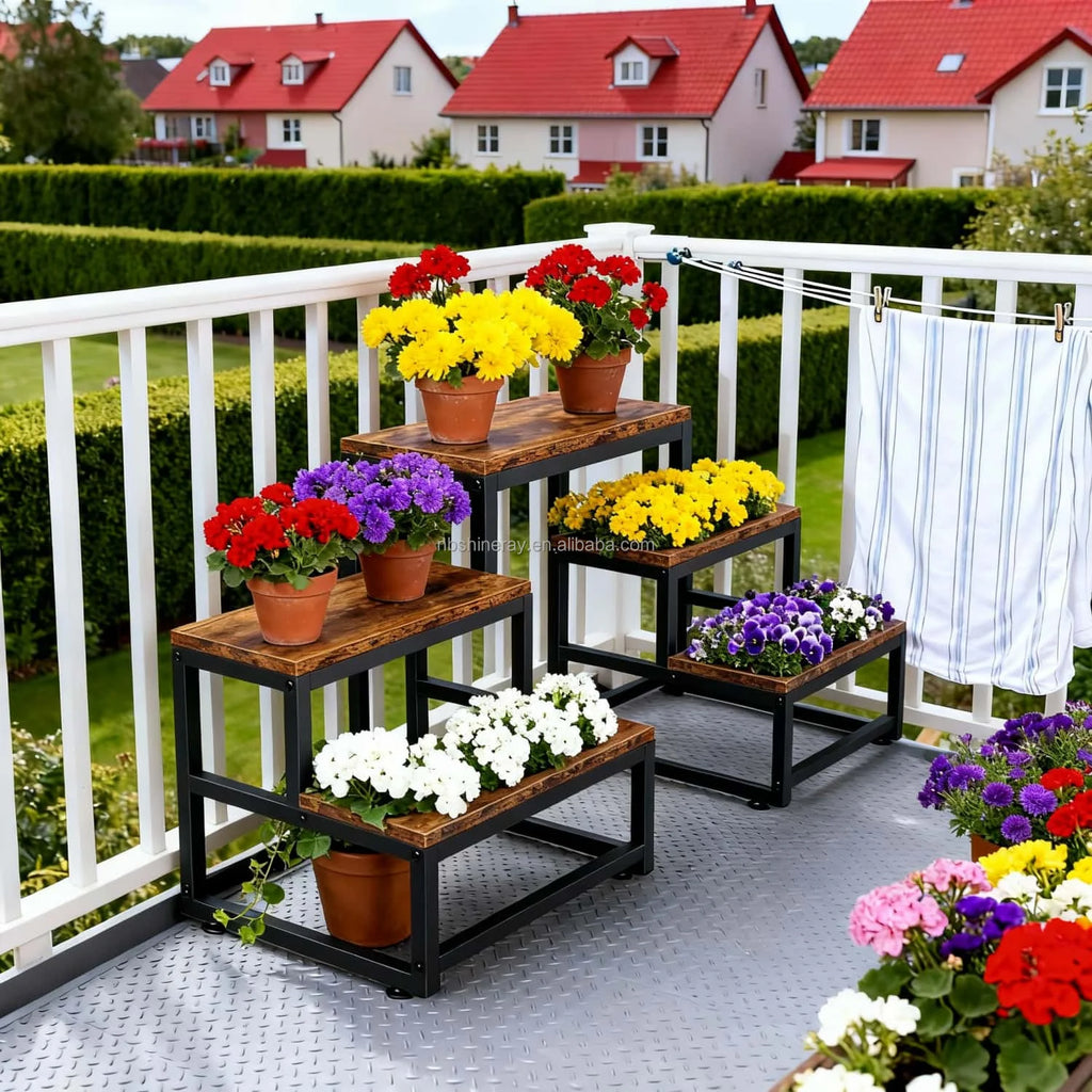 2-Step Steel Wood Modern Heavy-Duty Plant Pot Storage Rack Prefab Stairs Kitchen Decor Outdoor Multi-function Shelves Flower