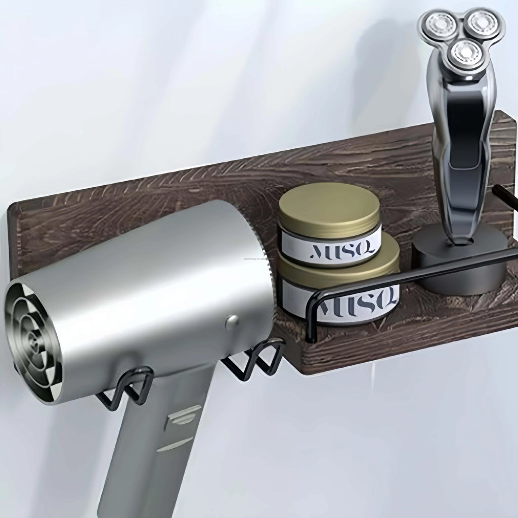 Wall-Mounted Modern Multifunction Hair Dryer Holder Rack Sturdy Storage Organizer Space-Saving Design Easy Clean Wooden Shelves